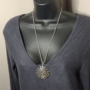 Decorative Large Silver Tone Round Pendant Necklace 24 1/4 Inches Long